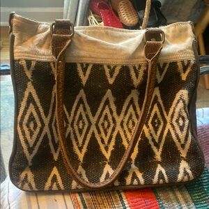 Myra Canvas and Leather Diamond-Pattern Tote Bag - Brown & Cream